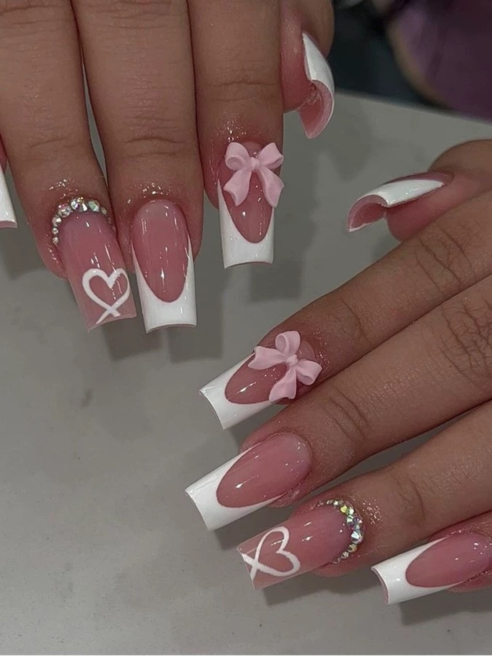 Pink & White Bow Accent Press-On Nails - Elegant French Tip Set